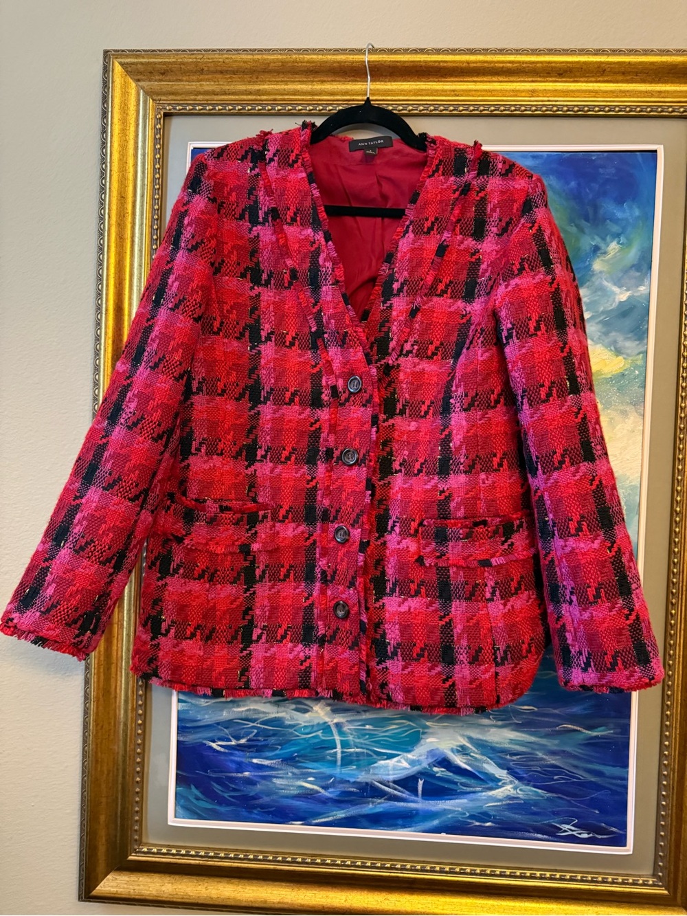 Ann Taylor Red and Pink Plaid Tweed Blazer